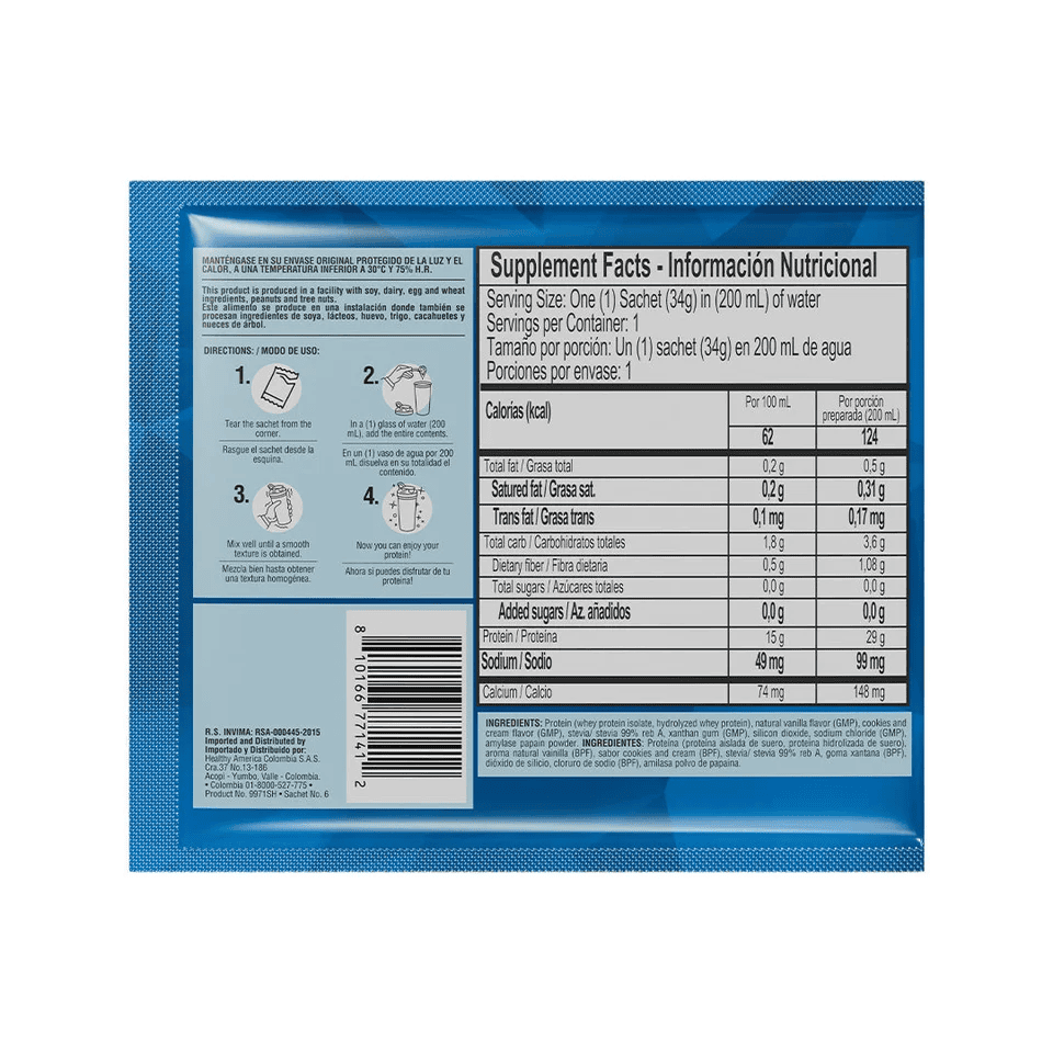 12 UNID ISO WHEY 100% COOKIES AND CREAM FLAVOR 34G/12 UNID Healthy Sports 12 Sachets X 34 g detalle del producto