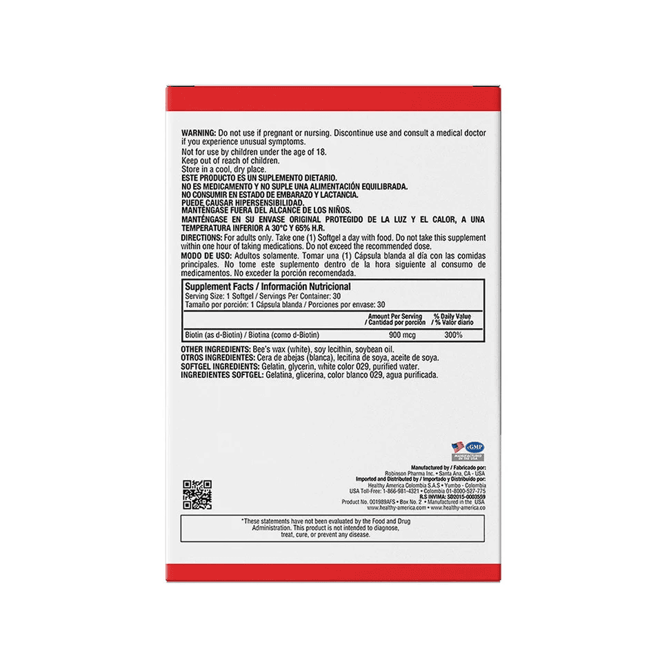 BIOTIN 900 MCG BLISTER X 30 SOFG BIOTIN 900 MCG BLISTER X 30 SOFG Healthy America 30 Cápsulas vista adicional
