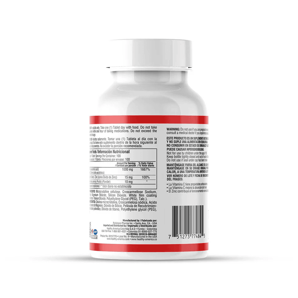VITAMINA C 1000 X 100 TAB PLUS ZINC HEALTHY VITAMINA C 1000 X 100 TAB PLUS ZINC HEALTHY Healthy America 100 Tabletas vista adicional