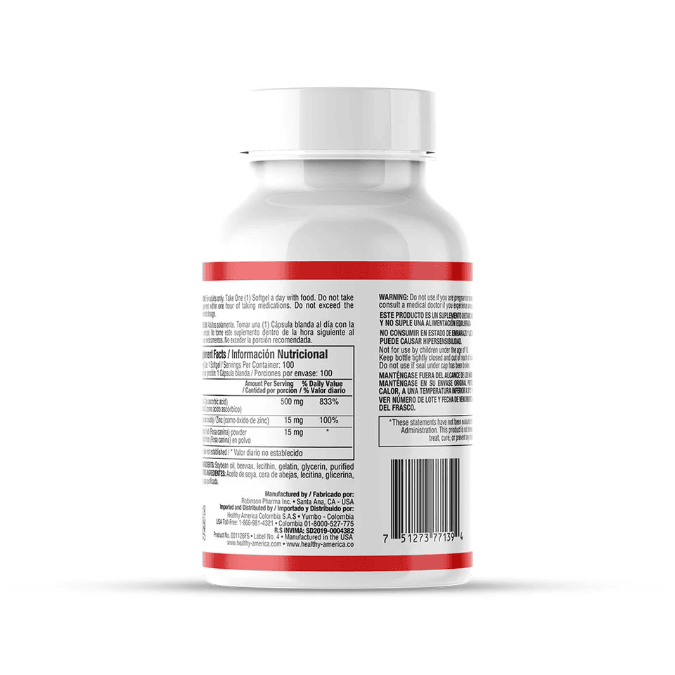 VITAMINA C + HIPE ROSE 500 MG X 100 PERLA HA VITAMINA C + HIPE ROSE 500 MG X 100 PERLA HA Healthy America 100 Cápsulas vista adicional