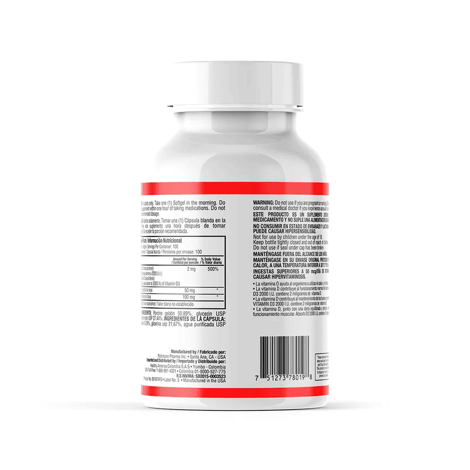 VITAMINA D3 2000 IU X 100 SOFG HA VITAMINA D3 2000 IU X 100 SOFG HA Healthy America 100 Cápsulas vista adicional