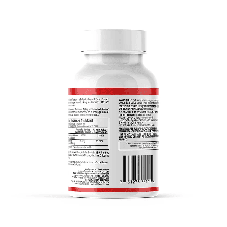 VITAMINA E 1000 IU SELENIO 100 SOFGELS HA VITAMINA E 1000 IU SELENIO 100 SOFGELS HA Healthy America 100 Cápsulas vista adicional